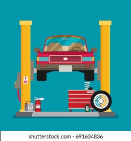 Car repair. Car lifted on auto lift. Vector