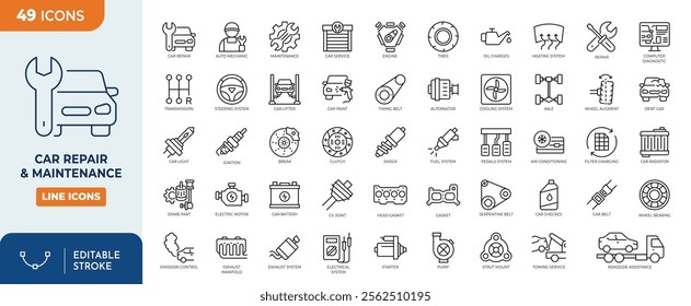 Car Repair line editable icon set. Car service and Maintenance icon. Containing repair, maintenance, inspection, parts, units, elements and more. vector illustration.