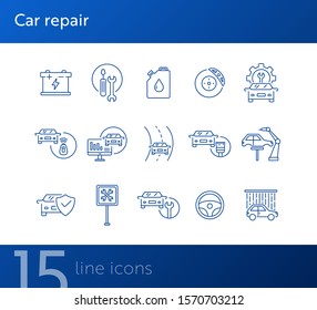 Car repair line icons. Set of line icons. Accumulator, tools, car shower. Car repair concept. Vector illustration can be used for topics like car service, business, advertising