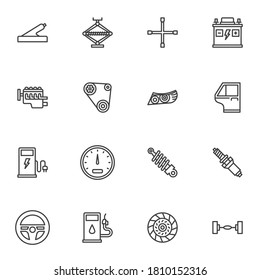 Car repair line icons set, outline vector symbol collection, linear style pictogram pack. Signs, logo illustration. Set includes icons as headlights, speedometer, spark plug, steering wheel, battery