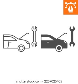 Línea de reparación de automóviles e icono sólido, icono de estilo de contorno para sitio web o aplicación móvil, servicio de coches y herramienta, icono de vector de servicio automotor, ilustración vectorial simple, gráficos vectoriales con trazos editables.