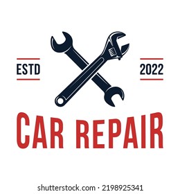Logo de reparación de coches. Icono de trabajo de mantenimiento. Ilustración vectorial de la llave inglesa