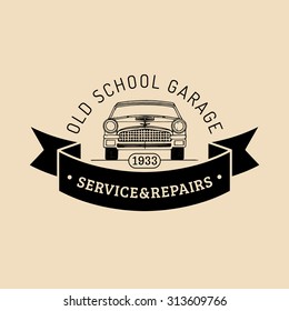 Car repair logo with retro automobile illustration. Vector vintage hand drawn garage, auto service advertising poster, card etc.
