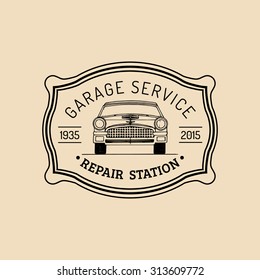 Car repair logo with retro automobile illustration. Vector vintage hand drawn garage, auto service advertising poster, card etc.