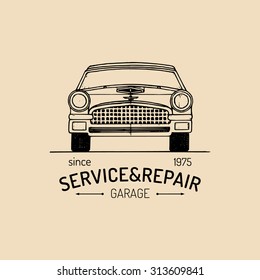 Car repair logo with retro automobile illustration. Vector vintage hand drawn garage, auto service advertising poster, card etc.