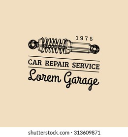Car repair logo with shock absorber illustration. Vector vintage hand drawn garage, auto service advertising poster, card etc.