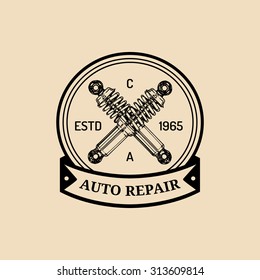 Car repair logo with shock absorbers illustration. Vector vintage hand drawn garage, auto service advertising poster, card etc.