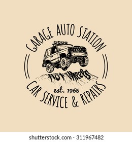 Car repair logo with SUV illustration. Vector vintage hand drawn garage, auto service advertising poster, card etc. Legendary off-road car sketch. 