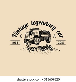 Car repair logo with SUV illustration. Vector vintage hand drawn garage, auto service advertising poster, card etc. Legendary off-road car sketch. 