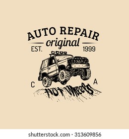 Car Repair Logo With SUV Illustration. Vector Vintage Hand Drawn Garage, Auto Service Advertising Poster, Card Etc. Legendary Off-road Car Sketch. 
