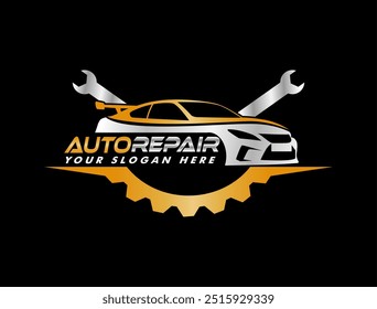 Plantilla del logotipo de la reparación del coche. Diseño de Vector de reparación de automóviles. logotipo de servicio, insignia, emblema, Plantilla. Logotipo perfecto para la industria automotriz y de reparación Logotipo del automóvil y del engranaje