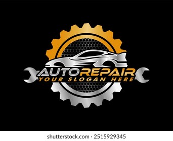 Modelo de logotipo de reparação de carro. Carro reparando design vetorial. logotipo de serviço, distintivo, emblema, modelo. Logotipo perfeito para a indústria automotiva e de reparos Logotipo de automóvel e engrenagens