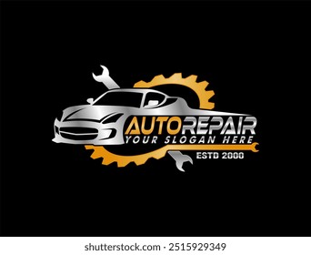 Plantilla del logotipo de la reparación del coche. Diseño de Vector de reparación de automóviles. logotipo de servicio, insignia, emblema, Plantilla. Logotipo perfecto para la industria automotriz y de reparación Logotipo del automóvil y del engranaje