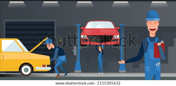 Car repair maintenance autoservice center\
garage isometric view interior with mechanics testing lifted\
vehicles vector\
illustration.