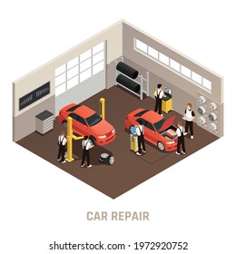 Car repair maintenance autoservice station isometric composition with employees fixing two cars in a garage vector illustration