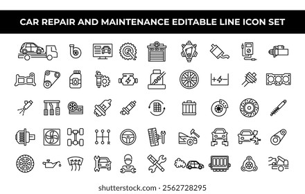 Car Repair and Maintenance Icon Set with editable line icons of tools, tires, and automotive repair items. Great for automotive services, repair shop branding, websites, and marketing materials.