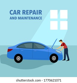 Car repair and maintenance service concept vector illustration. Auto mechanic automobile repair station. Repairman looking engine of car.