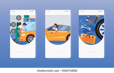 Car repair and maintenance service. Mobile app onboarding screens, vector website banner template. UI, web site design.