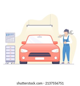 Car repair and maintenance service with repairman, Vector flat modern illustration.
