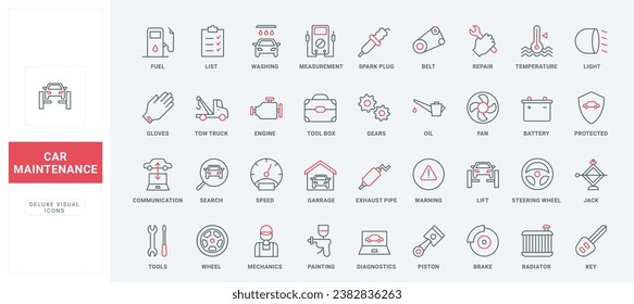 Car repair and maintenance service thin black and red line icons set vector illustration. Outline symbols of vehicle garage checkup, test list and diagnostics of tires, wheels and engine, gas station