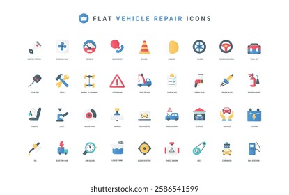 Car repair and maintenance service, workshop garage equipment and tools color icon set. Automobile diagnostics and support, check engine, emergency call, gas station flat elements vector illustration