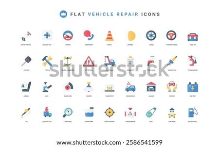 Car repair and maintenance service, workshop garage equipment and tools color icon set. Automobile diagnostics and support, check engine, emergency call, gas station flat elements vector illustration