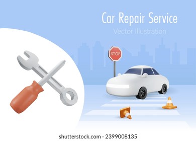 Car repair and maintenance service. Wrench and screwdriver with car on road. 3D cartoon character. Vector.