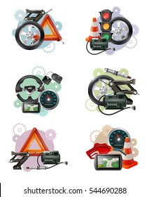 Car repair and maintenance symbol compositions set with wheels hand screws levelling jacks traffic lights barriers vector illustration svg