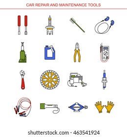 Car Repair and Maintenance Tools. Flat line icons set. Auto mechanic tools. Isolated background.