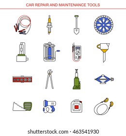 Car Repair and Maintenance Tools. Flat line icons set. Auto mechanic tools. Isolated background. svg