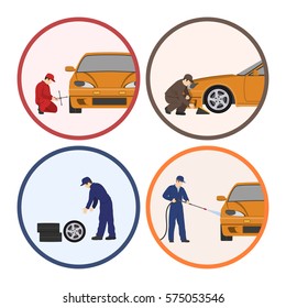 Car repair and maintenance . Vehicle workshop. Auto services images on white background. Vector illustration