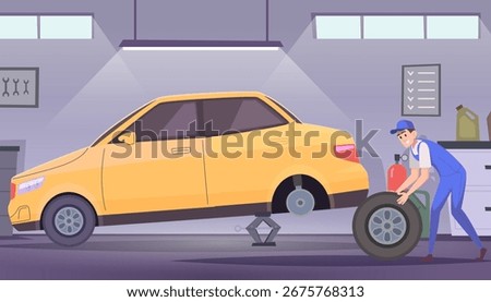 Car repair. man changing wheels in garage. vector cartoon background