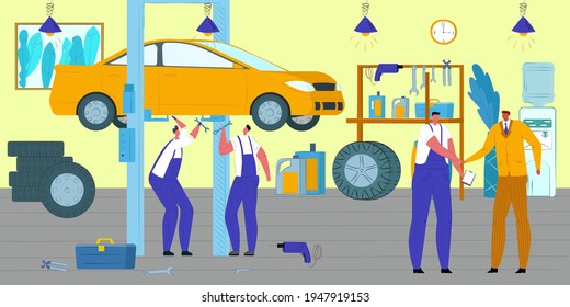 Car repair, mechanic auto service with professional people, vector illustration. Worker man character at garage, automobile vehicle work.