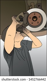 Car Repair. A Mechanic Repairs The Wheel, Hub, Changes The Brake pad. Vector Image.