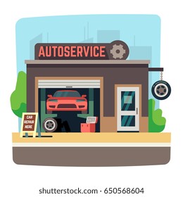 Car Repair Mechanic Shop With Automobile Inside Auto Garage Vector Illustration.