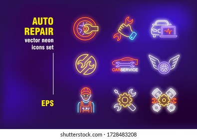 Car repair neon signs set. Garage, transport service, mechanic, maintenance, spanner, screwdriver, vehicle. Vector illustration in neon style for banners, billboards, roadside signboards