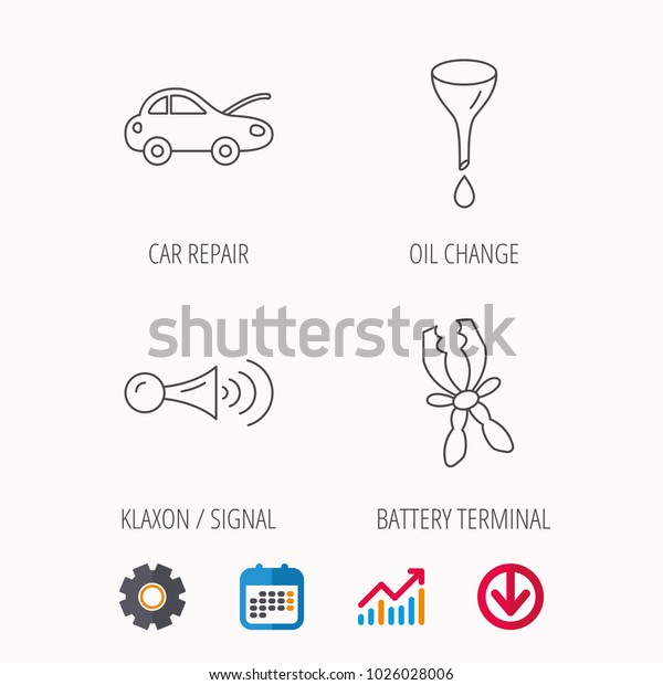 Car repair, oil change\
and signal icons. Klaxon signal, battery terminal linear signs.\
Calendar, Graph chart and Cogwheel signs. Download colored web\
icon. Vector
