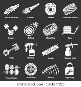 Car repair parts icons set vector white isolated on grey background 