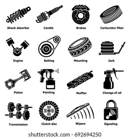 Car repair parts icons set. Simple illustration of 16 car repair parts vector icons for web