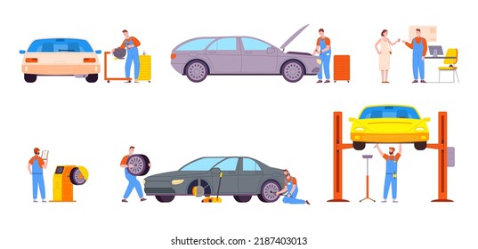 Car repair process. Auto repairman inspection and fix client automobile technical maintenance cars service, fitting tire lift assembly engine vehicle, vector illustration of auto repair vehicle