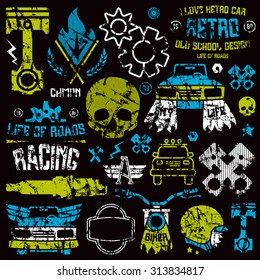 Car repair and racing badges. Graphic design elements with shabby texture for t-shirt. Color print on black background