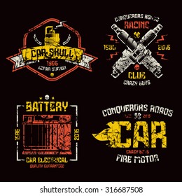 Car repair and racing emblems. Graphic design elements with shabby texture for t-shirt. Color print on black background