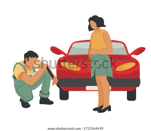 Car repair, roadside assistance or towing\
service concept with repairman changing wheel and car owner. Fast\
aid after road accident or automobile breakdown. Flat vector\
illustration isolated.