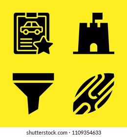 car repair, sand castle, skimboard and funnel vector icon set. Sample icons set for web and graphic design