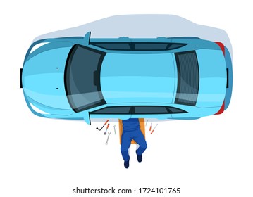 Car repair semi flat RGB color vector illustration. Technician lie under auto. Man with tools fix vehicle engine. Garage service. Mechanic isolated cartoon character top view on white background