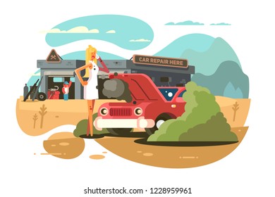 Car repair service advertisement poster. Cartoon blonde woman in dirty dress standing near broken steaming automobile flat style concept vector illustration