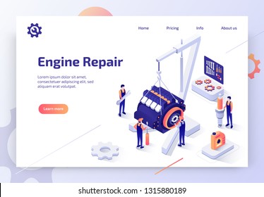 Car Repair Service, Auto Diagnostic Center Isometric Vector Web Banner with Automotive Technicians Team Working to Repair Engine Illustration. Automobile Spare Parts Online Store Landing Page Template