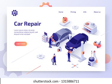 Car Repair Service, Auto Diagnostic, Maintenance Station Isometric Vector Web Banner. Skilled Automotive Technicians Repairing Cars in Workshop Illustration. Automobile Spare Parts Store Landing Page