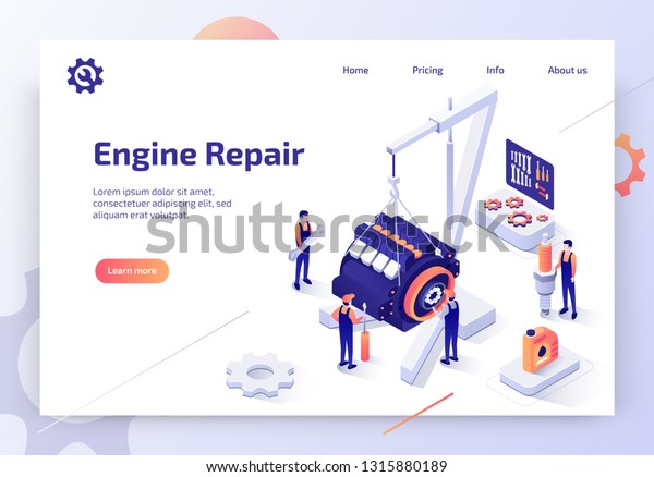 Car Repair Service, Auto Diagnostic Center\
Isometric Vector Web Banner with Automotive Technicians Team\
Working to Repair Engine Illustration. Automobile Spare Parts\
Online Store Landing Page\
Template