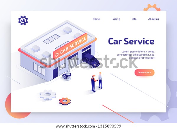 Car Repair Service, Auto Diagnostics Center,\
Automobile Maintenance Station Isometric Vector Web Banner, Landing\
Page. Worker Returning Keys from Repaired Vehicle to Car Owner Near\
Garage Illustration